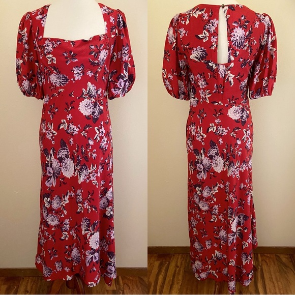 Anthropologie Maeve Red Floral Puff Sleeve Prairie Dress - Picture 3 of 13